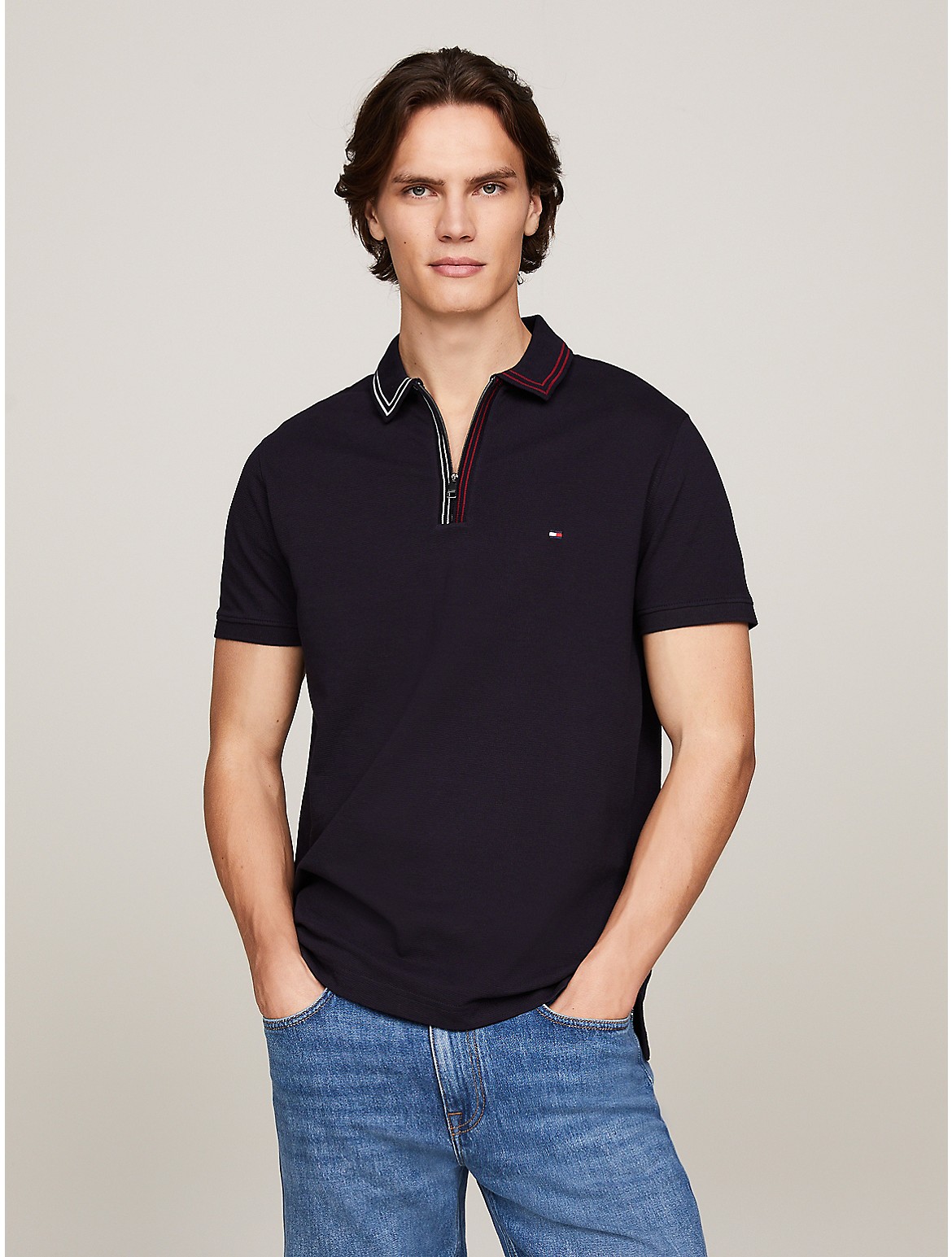 Shop Tommy Hilfiger Regular Fit Tipped Zip Polo In Navy