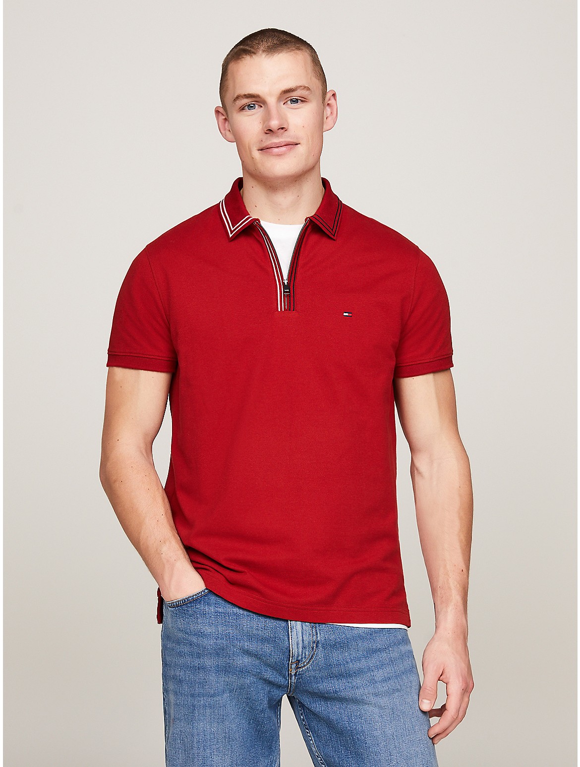 Shop Tommy Hilfiger Regular Fit Tipped Zip Polo In Dark Magma