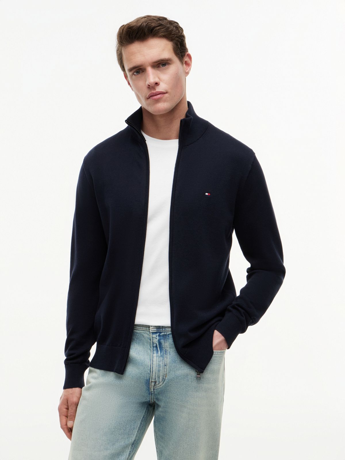Classic Mockneck Zip Cardigan — Navy Blue