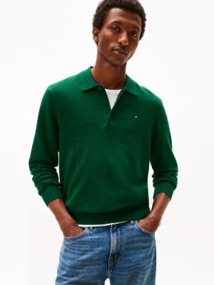 Pima Cotton-Cashmere Sweater Polo, Ornamental Green Heather
