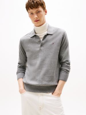 Pima Cotton-Cashmere Sweater Polo, Medium Grey Heather