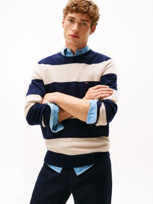 Lambswool Crewneck Sweater, Navy/Newsprint Heather Stripe