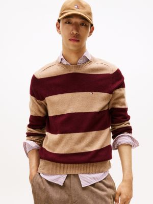 Lambswool Crewneck Sweater, Safari Canvas/Deep Burgundy Heather