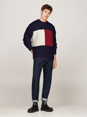 Flag Cable Knit Wool-Blend Sweater, Navy
