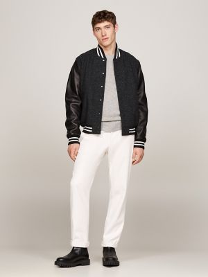Leather and Wool Varsity Jacket, Black/Ecru