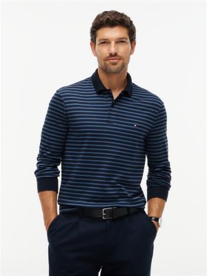 Regular Fit Long-Sleeve Polo, Navy Blue Stripe