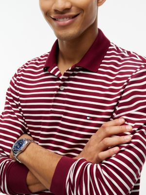 Мужское поло Tommy Hilfiger Regular Fit Long-Sleeve Polo, цвет: Бордовая слоновая кость полосатый — фото 3