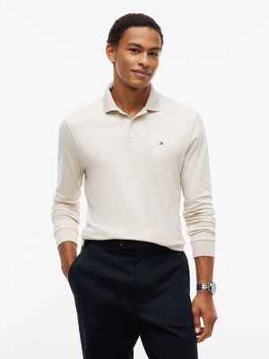 Regular Fit Long-Sleeve Polo, Heathered Oatmilk