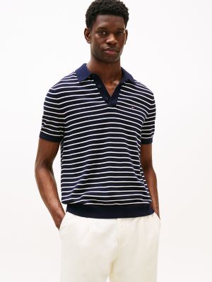Short-Sleeve Polo Sweater, Navy/Ivory Petal