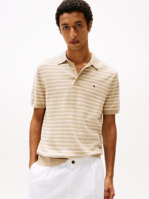 Short-Sleeve Polo Sweater, Sandalwool/Ivory Petal