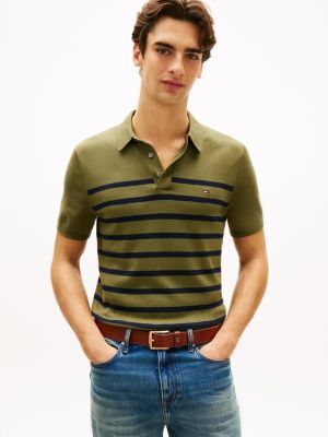 Short-Sleeve Sweater Polo, Dark Artichoke/Navy Stripe