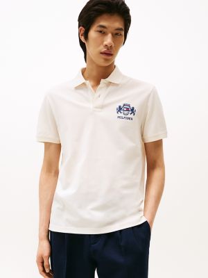 Regular Fit Embroidered Flag Crest Polo, Ivory Petal