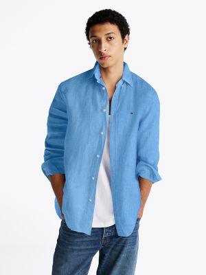 Chemise en lin teint en pigments, coupe régulière, Blue Spell