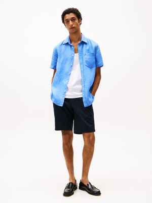 Short-Sleeve Pigment-Dyed Linen Shirt, Blue Spell