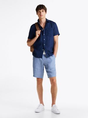 Short-Sleeve Pigment-Dyed Linen Shirt, Night Sky