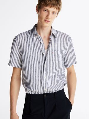 Regular Fit Stripe Pigment-Dyed Linen Shirt, Night Sky/White Stripe