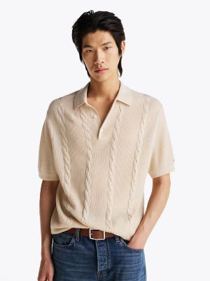 Regular Fit Cable Knit Polo, Linen Ropes