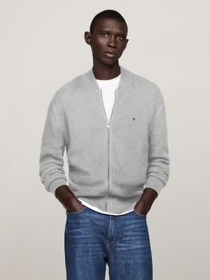 Textured Knit Zip Sweater, Light Grey Heather