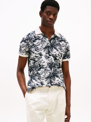 Regular Fit Linen-Blend Tropical Polo, Navy/Ivory Petal
