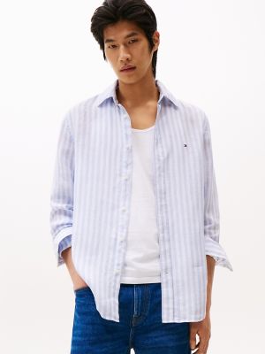 Regular Fit Stripe Linen Shirt, Breezy Blue/Optic White Stripe