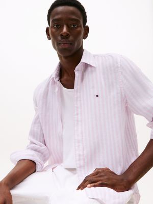 Regular Fit Stripe Linen Shirt, Classic Pink/Optic White Stripe
