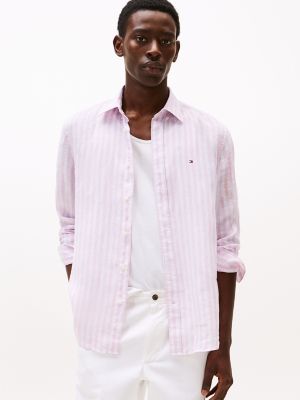 Regular Fit Stripe Linen Shirt, Classic Pink/Optic White Stripe