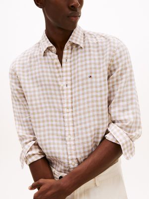 Slim Fit Gingham Print Linen Shirt, Sandalwood Check