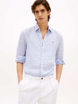 Slim Fit Gingham Print Linen Shirt, Breezy Blue Check
