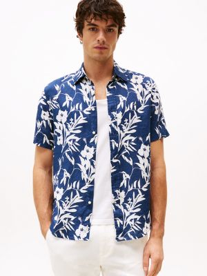 Regular Fit Tropical Print Linen Shirt, Night Sky