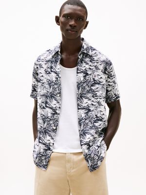 Regular Fit Island Print Linen Shirt, Navy