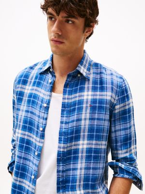 Regular Fit Check Print Linen Shirt, Blue Check