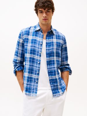 Chemise en lin à imprimé à damiers, coupe régulière, à damiers bleus