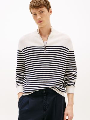 Wide-Rib Quarter-Zip Sweater, Ivory Petal/Navy