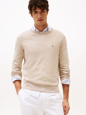 Linen-Blend Crewneck Sweater, Sandalwood/Ivory Petal Mouline