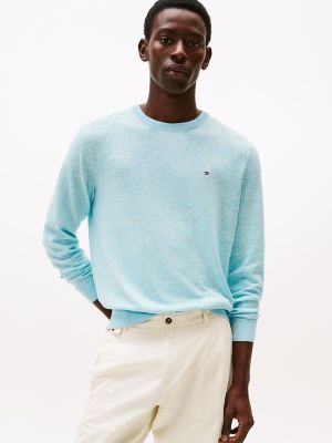 Linen-Blend Crewneck Sweater, Breezy Blue/Ivory Petal Mouline