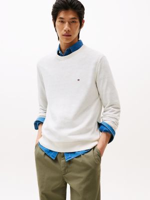 Linen-Blend Crewneck Sweater, Ivory Petal