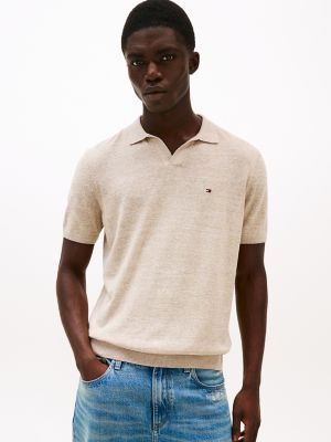 Linen-Blend Polo Sweater, Sandalwood/Ivory Petal Mouline