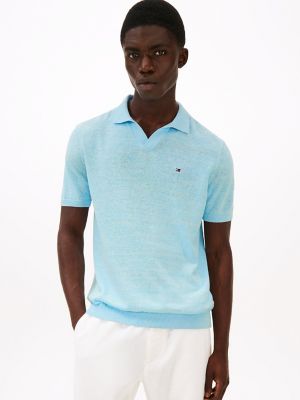 Linen-Blend Polo Sweater, Breezy Blue/Ivory Petal Mouline