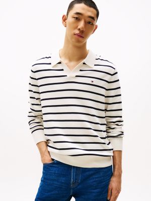 Polo Sweater, Ivory Petal/Navy