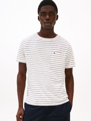 Stripe Linen-Cotton Blend Pocket T-Shirt, Ivory Petal/Navy Stripe