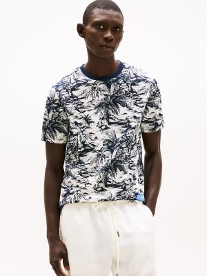 Island Print Slub Cotton T-Shirt, Ivory Petal/Navy