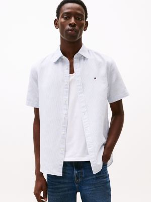 Regular Fit Cotton Linen Stripe Shirt, Breezy Blue/Optic White Stripe