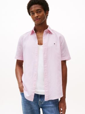 Regular Fit Cotton Linen Stripe Shirt, Classic Pink/Optic White Stripe