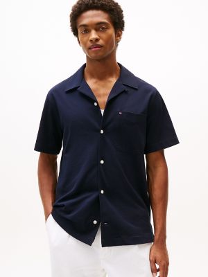 Regular Fit Knit Camp Shirt, Navy