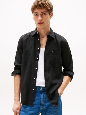 Regular Fit Piece-Dyed Linen Shirt, Black