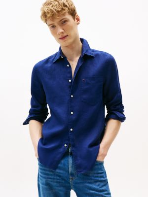Regular Fit Piece-Dyed Linen Shirt, Preppy Navy