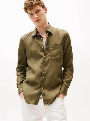 Regular Fit Piece-Dyed Linen Shirt, Battle Green