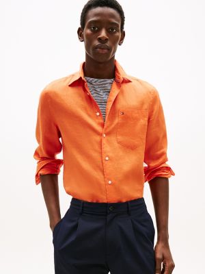 Regular Fit Piece-Dyed Linen Shirt, Brilliant Orange