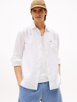 Regular Fit Piece-Dyed Linen Shirt, White