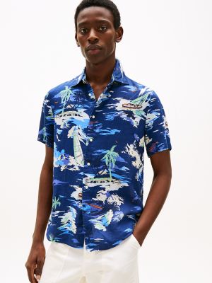 Regular Fit Linen Vacation Print Shirt, Preppy Navy